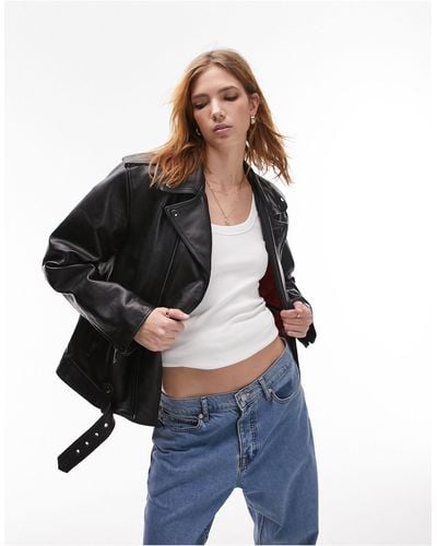 TOPSHOP Oversize Leather Biker Jacket - Black