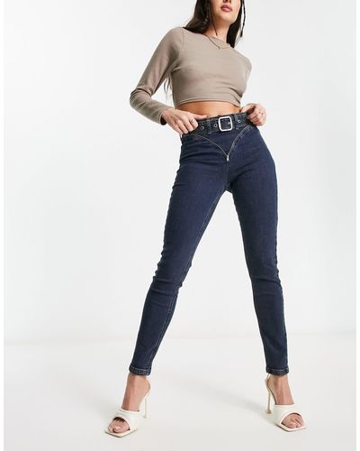AsYou Skinny Jeans Met Rits- En Gespdetail - Blauw