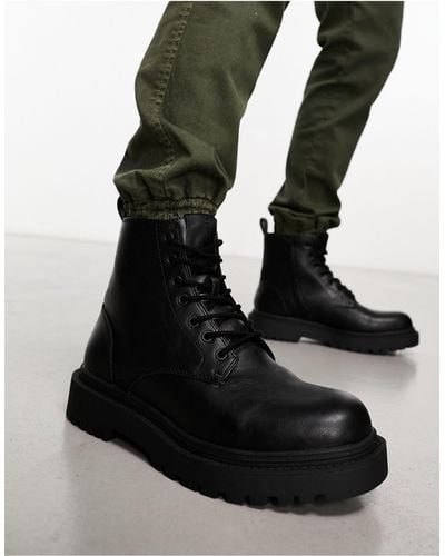 Pull&Bear Chunky Lace Up Military Style Boots - Black