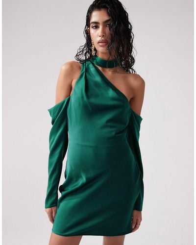 ASOS Satin Asymmetric Mini Dress With Cold Shoulder Detail - Green