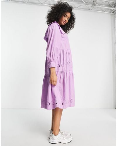 SELECTED Femme Broderie Detail Midi Dress With Oversized Collar - Purple