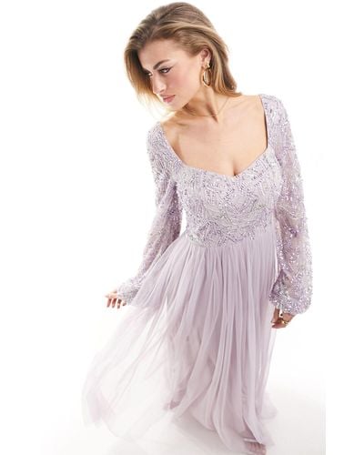 Beauut Vestito lungo da damigella a maniche lunghe lilla con decorazioni - Viola