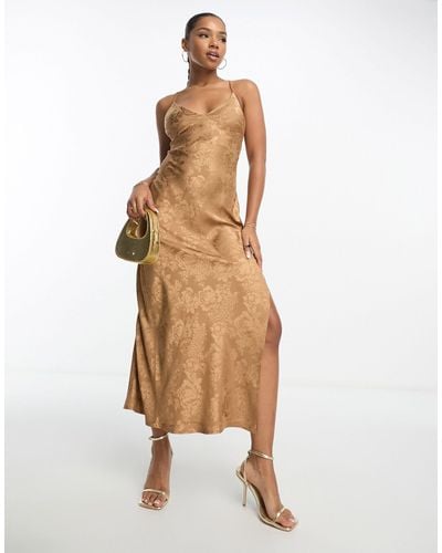Miss Selfridge Satin Jacquard Lace Back Maxi Dress - Natural