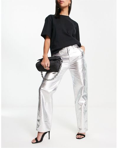 Pull&Bear – farbene metallic-jeans mit hoher taille - Weiß