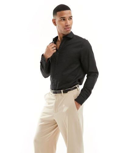 ASOS Regular Smart Linen Shirt With Cut Away Collar - Black