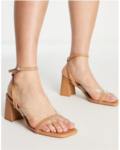 Bershka Mid Heeled Thong Sandal With Clear Strap - Natural
