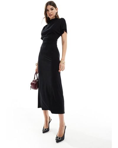 ASOS Short Sleeve Grown On Neck Midi Tea Dress - Black