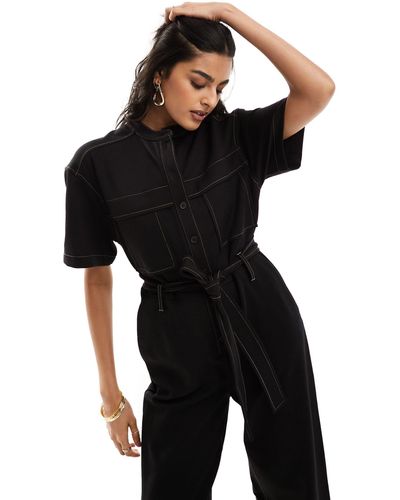 & Other Stories Wide Leg Stretch Jumpsuit With Tie Waist And Utility Pockets - Black