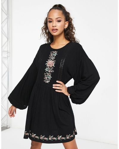 ASOS Long Sleeve Mini Smock Dress With Lace Detail And Floral Embroidery - Black