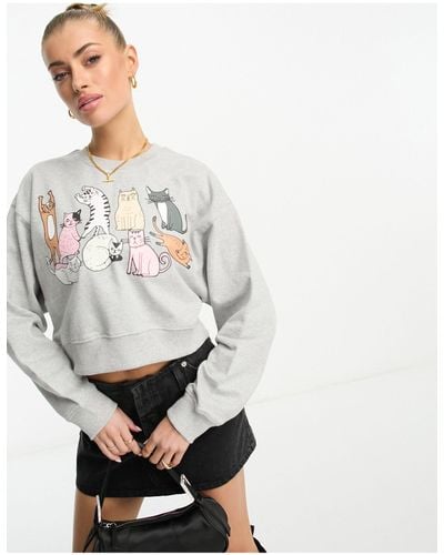 New Love Club Cropped Sweatshirt Met Kattenprint - Wit