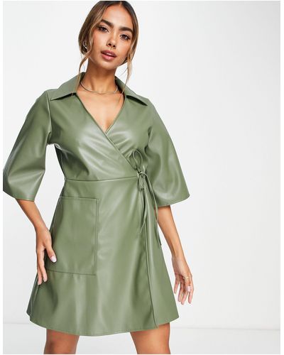 ASOS Leather Look Wrap Mini Dress With Pocket - Green