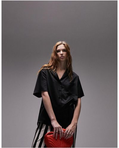 TOPSHOP Satin Short Sleeve Shirt - Black