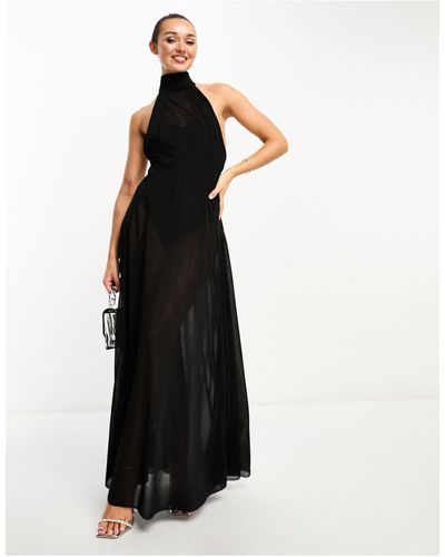 ASOS Sheer Halter Maxi Dress With Godet Seamed Skirt - Black