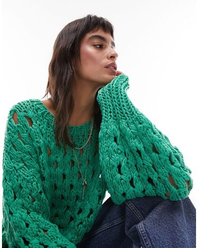 TOPSHOP Premium Hand Knitted Open Stitch Jumper - Green