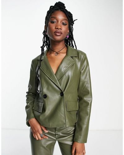 Noisy May Faux Leather Cropped Blazer Jacket Co-ord - Green