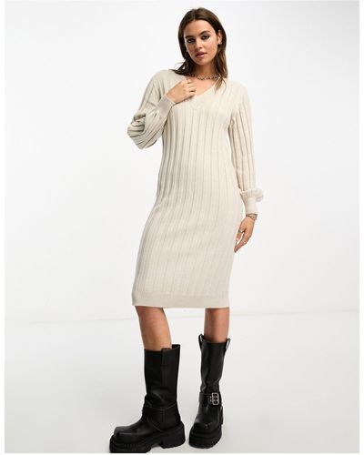 Object V Neck Knitted Ribbed Jumper Dress - Natural