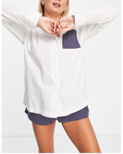 TOPSHOP Branded Stripe Oversized Shirt & Short Pajama Set - White