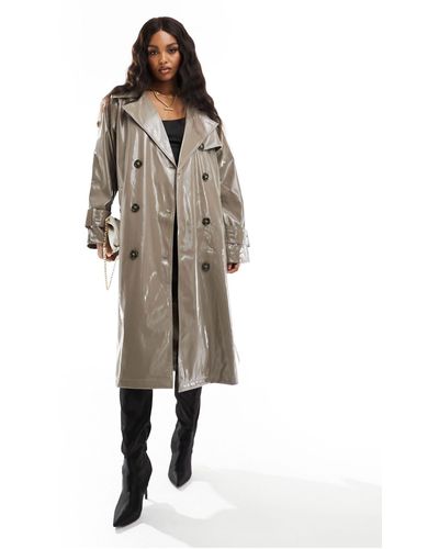 NA-KD Faux Leather Shiny Belted Trench Coat - Natural