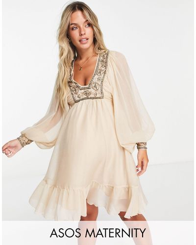 ASOS Asos Design Maternity - Mini-jurk Met Blousonmouwen En Lijfje Met Gebloemde Versiering - Wit