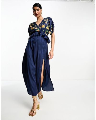 ASOS Embroidered Satin Midi Dress With Frill Waist - Blue
