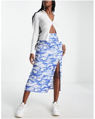 Monki Midi Skirt With Leg Slit - Blue