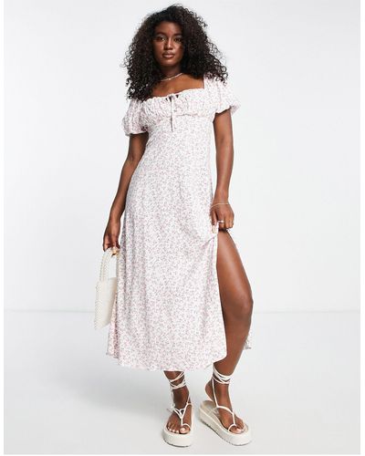 New Look Sweetheart Midi Dress With Puff Sleeves - White