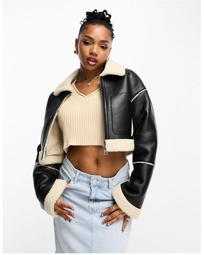 Pull&Bear Faux Leather Cropped Shearling Detail Jacket - Blue