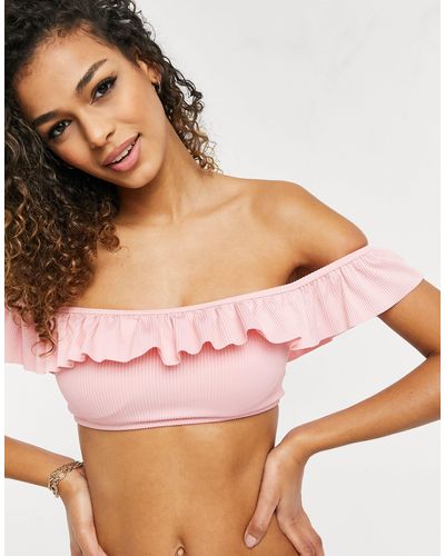 New Look Rib Frill Bikini Top - Pink