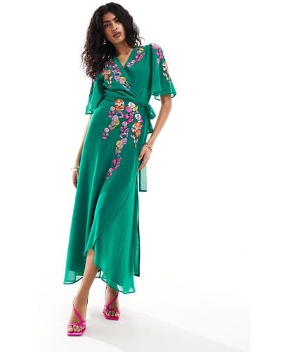 Hope & Ivy Embroidered Wrap Maxi Dress - Green