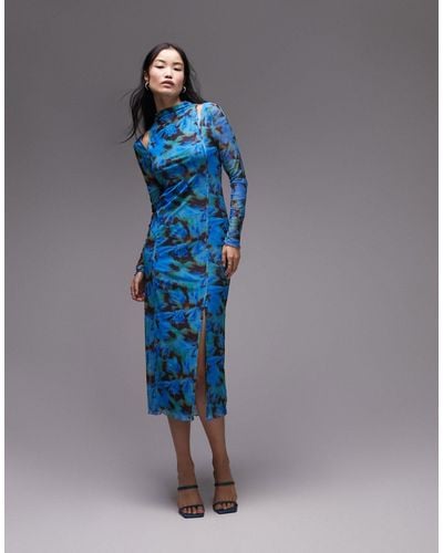 TOPSHOP Floral Cutout Long Sleeve Mesh Dress - Blue