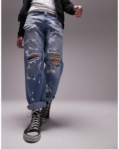TOPMAN Rip And Bleach Relaxed Jeans - Blue