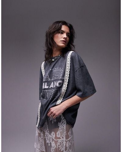 TOPSHOP Graphic Milano Lace Trim Oversized Tee - Grey