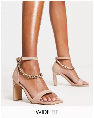 Simply Be Extra Wide Fit Square Toe Heeled Sandals With Chain Strap Detail - Natural
