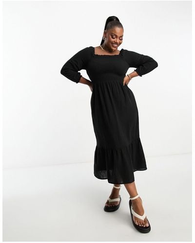 Simply Be Shirred Long Sleeve Midi Dress - Black