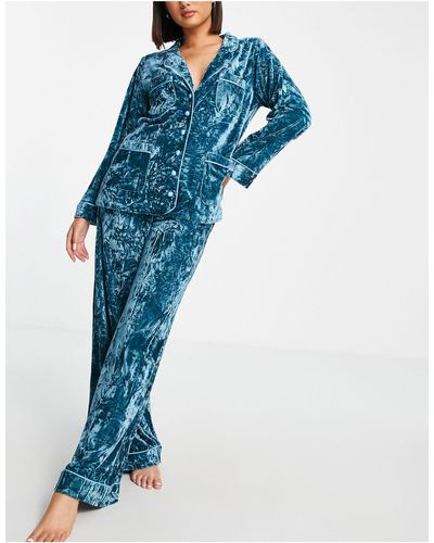 Lost Ink Velvet Single Breasted Pyjama Set - Blue
