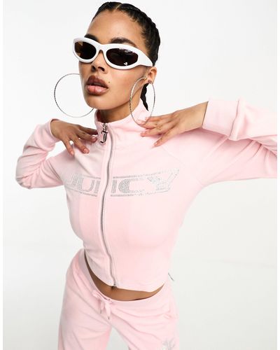 Juicy Couture Sweatshirt Van Velours Met Rits En Logo Met Siersteentjes - Roze