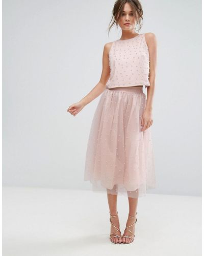 Little Mistress Faux Pearl Embellished Tulle Midi Skirt - Pink