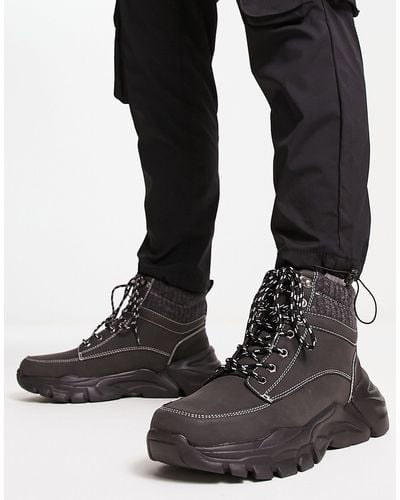 Brave Soul Hiking Lace Up Boots With Padded Collar - Black