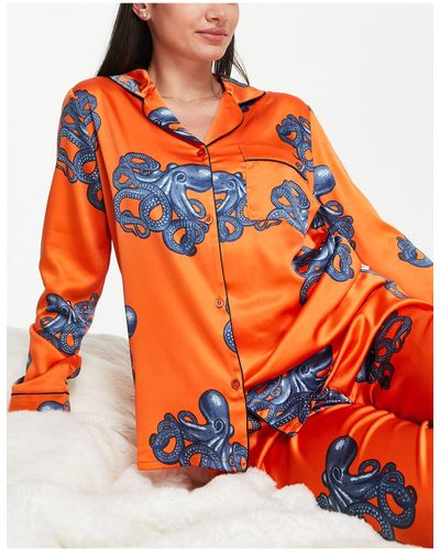 Chelsea Peers Premium - Satijnen Pyjamaset Van Top Met Reverskraag En Broek - Oranje