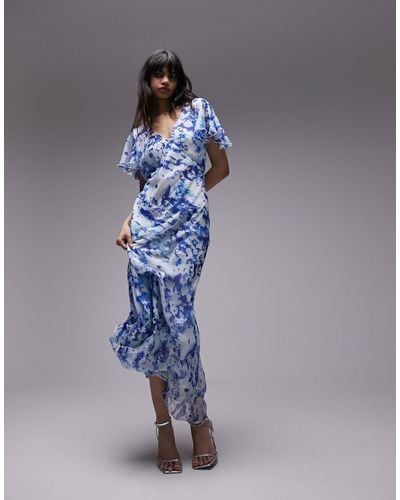 TOPSHOP Printed Occasion V Neck Flutter Sleeve Maxi Dress - Blue
