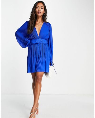 ASOS Pleated Blouson Sleeve Mini Dress With Belt Detail - Blue