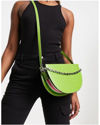 River Island Croc Saddle Bag With Chain And Pink Piping Detail - Green