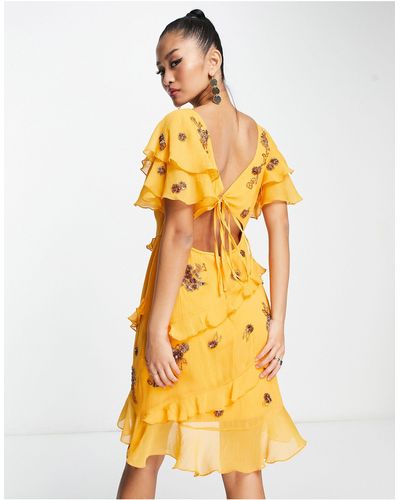 ASOS Ruffle Detail Short Sleeve Embellished Mini Dress - Yellow