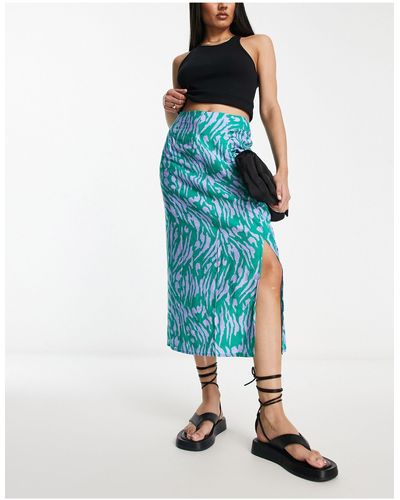 Vila Wrap Midi Skirt With Ruched Side Detail - Blue