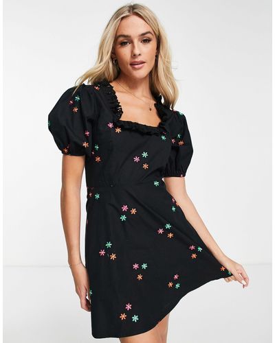 Miss Selfridge Robe courte en popeline avec fleurs brodées - Noir