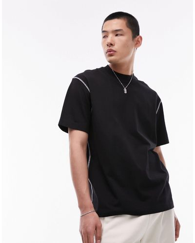 TOPMAN Camiseta negra extragrande con pespuntes en contraste - Negro