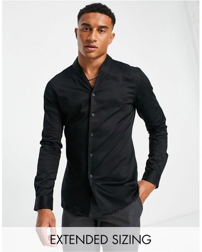 ASOS Premium Slim-fit Overhemd Van Satinet Met Sjaalkraag - Zwart