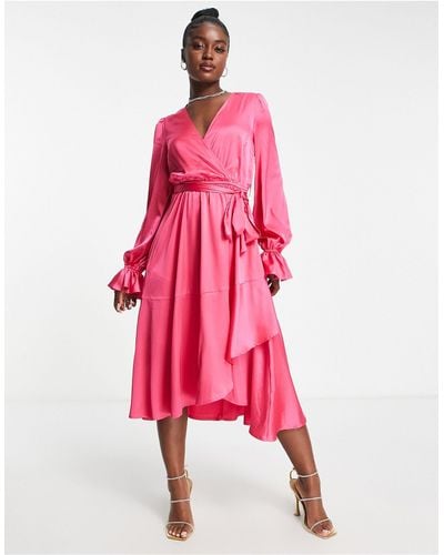 In The Style Satin Wrap Detail Volume Sleeve Midi Dress With Asymmetric Ruffle Hem - Pink