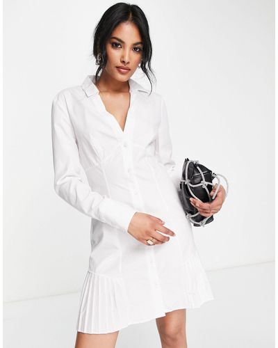 ASOS Cotton Button Through Mini Shirt Dress With Pleat Hem - White