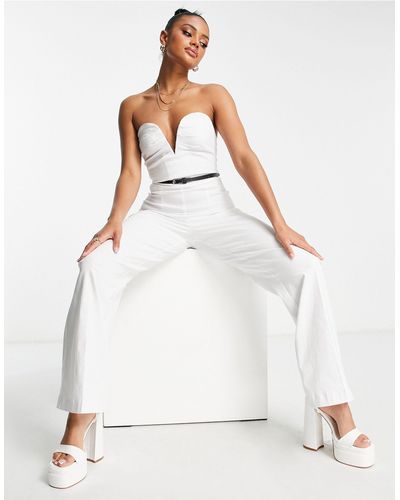 ASOS Ruched Bandeau Straight Leg Belted Jumpsuit - White